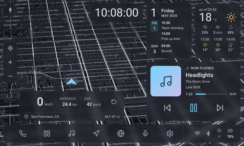 The same dashboard in the dark theme, with the map switched to its dark style