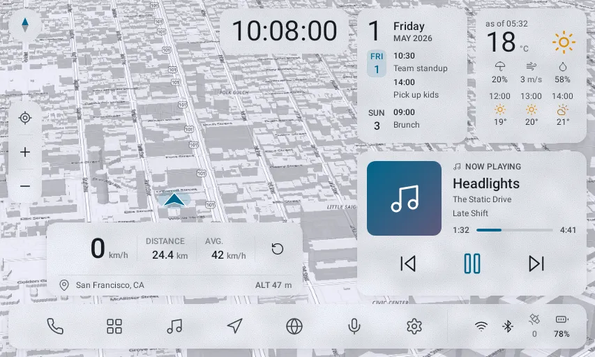 The dashboard on a head-unit display in the light theme: a map with the self-marker, clock, calendar and weather cards, media controls, trip readout and the dock